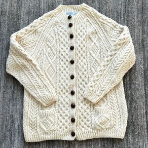 Irish Fisherman Wool Cardigan Sweater, Hand Knit